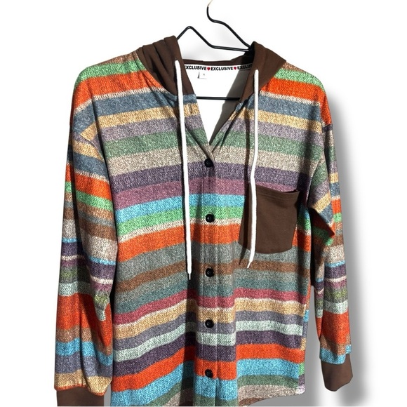 Striped Multicolor Button Up Brown Hood and Front Pocket Long Sleeve Sweater - Picture 14 of 16
